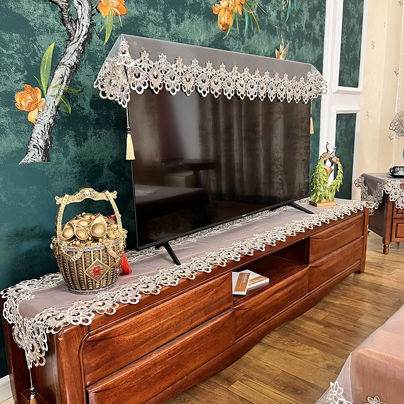 新款简约电视盖巾曲面直面液晶电视通用刺绣蕾丝花边电视防尘巾