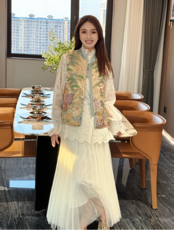 【金喜】西阵织重工刺绣亮片中式立领马甲