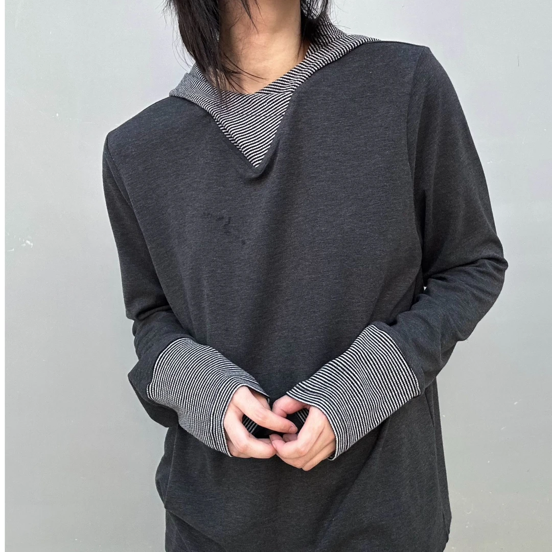 小众设计感【糯纹】条纹拼接连帽长袖t恤男秋冬季无性别慵懒风上衣