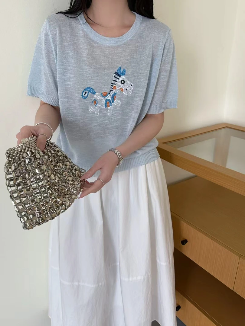 3012 小马刺绣高品质时尚休闲常规短袖针织上衣