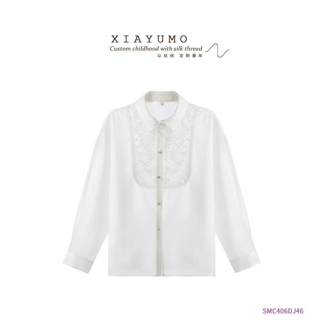夏羽墨女童夏季新款白色亮片衬衫蕾丝小香风气质长袖春季提花衬衣