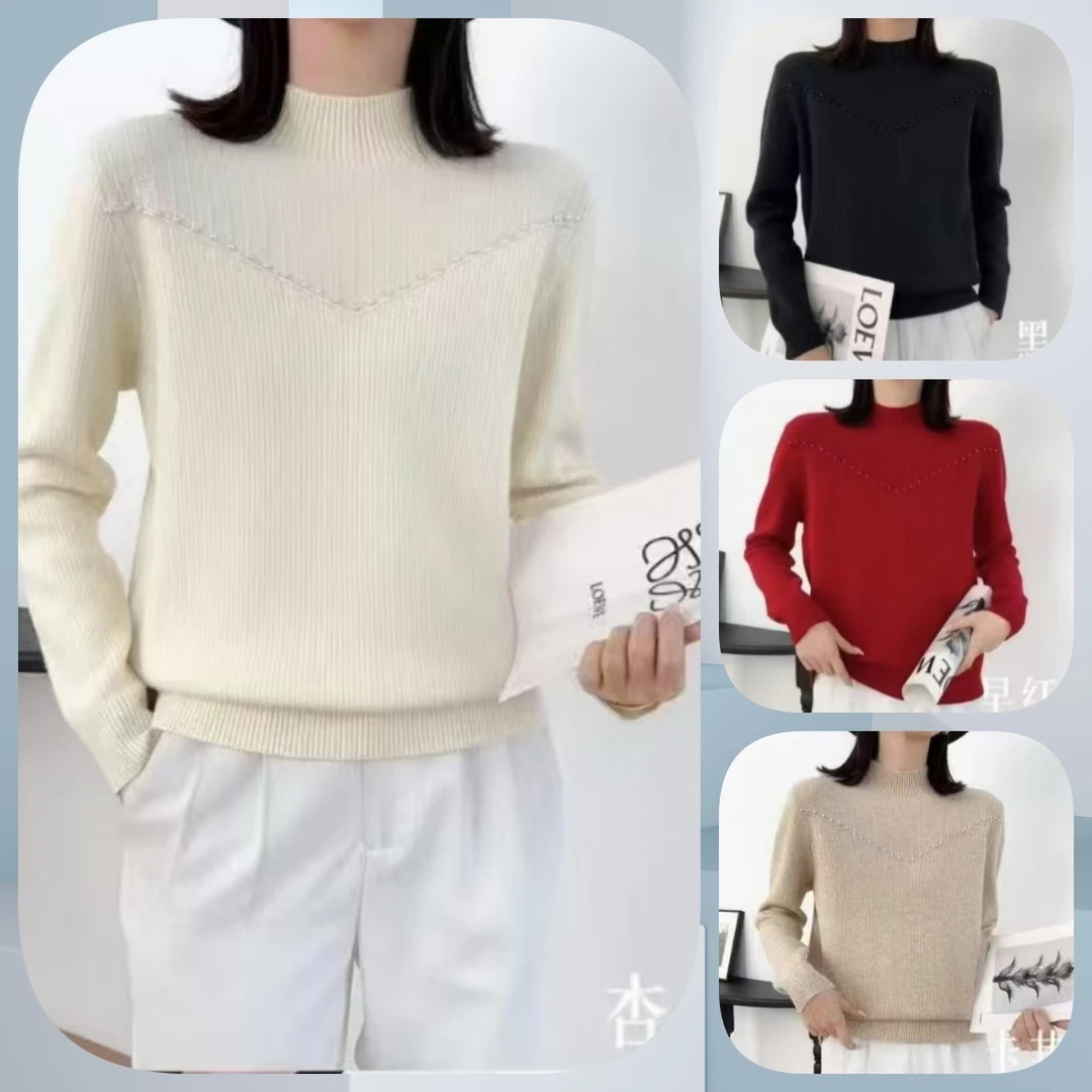 冬季时尚百搭加绒加厚一体绒钉珠毛衣