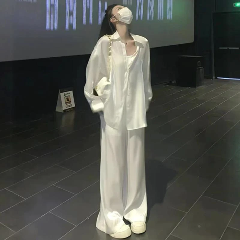 巨好看的防晒夏日套装女宽松韩版时髦炸街长袖衬衫阔腿长裤两件套