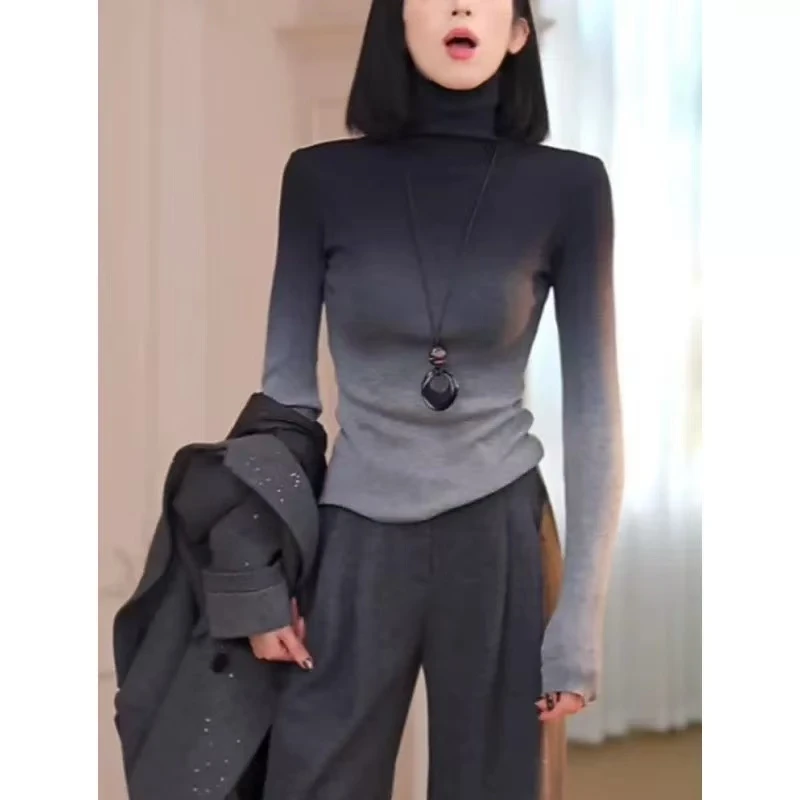 渐变色女2025秋冬新款高级感时尚堆堆高领打底衫百搭晕染T恤显瘦