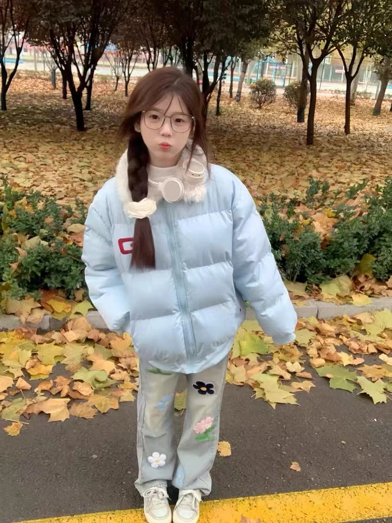 甜美翻领短款拼接棉服毛领外套女冬季新款宽松加厚保暖面包服棉衣