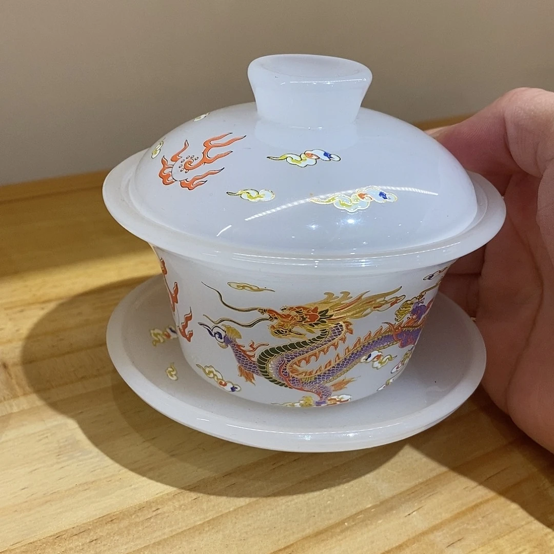 琉璃手工艺品双龙戏珠盖碗