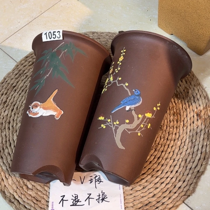 花盆紫砂  微瑕紫泥彩绘直筒一对1053