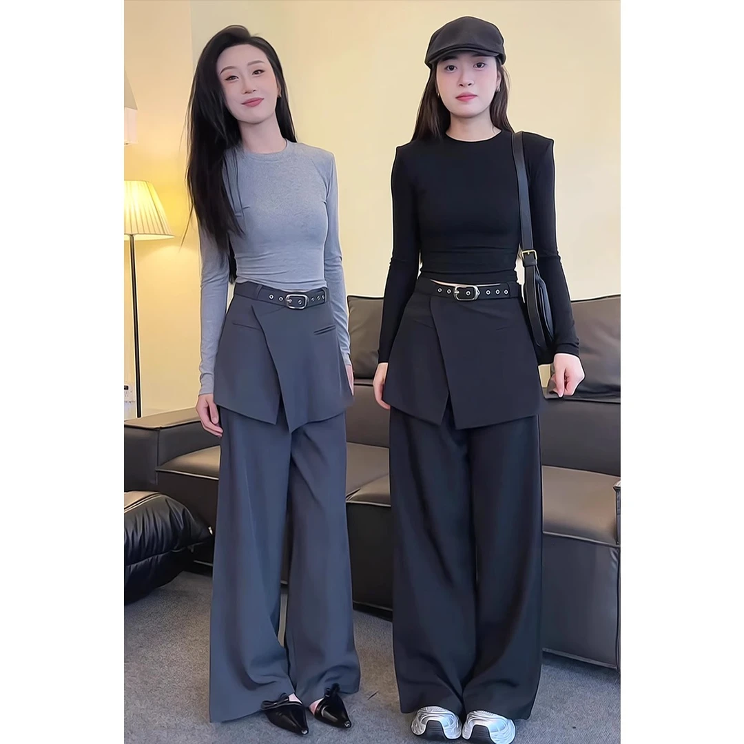 美式洋气炸街减龄假两件屁帘西装裤女2025秋季新款高腰休闲阔腿裤