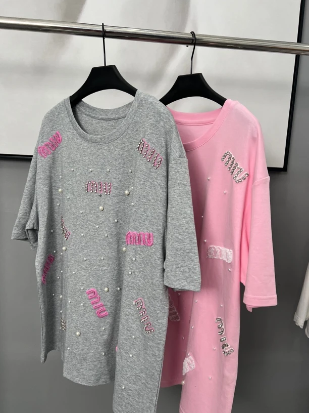 重工休闲T恤夏季半袖宽松印花针织女款大版圆领上衣