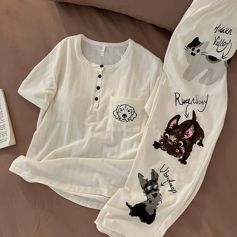 韩国可爱小狗睡衣女夏季ins风纯棉带胸垫短袖长裤薄款家居服套装