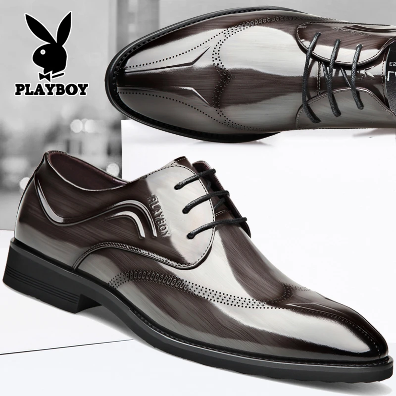 花花公子男士皮鞋真皮商务正装内增高尖头漆皮亮面结婚新郎鞋大码