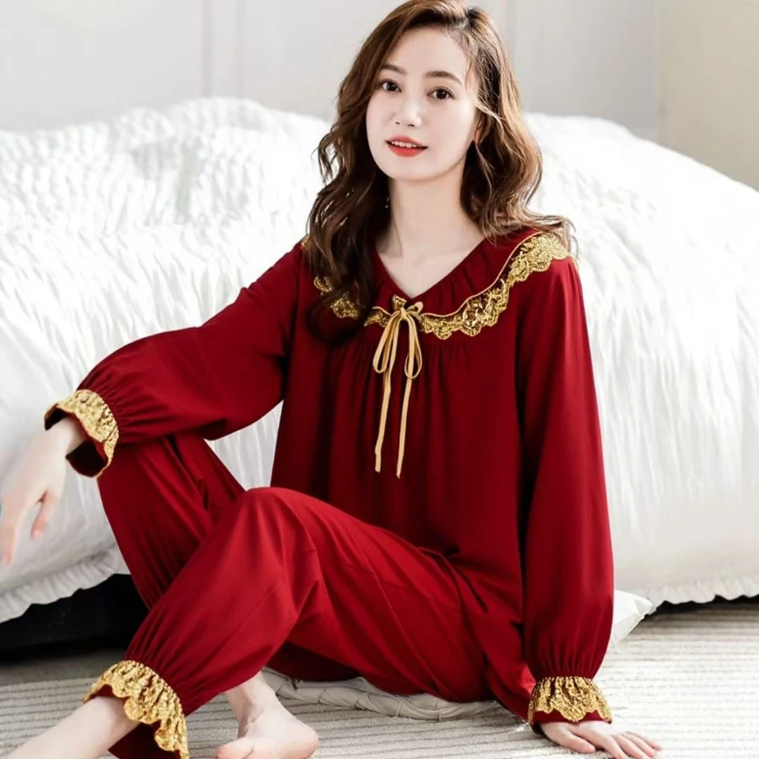 新款蕾丝花边长袖长裤睡衣女士本命年红色喜庆新婚结婚家居服
