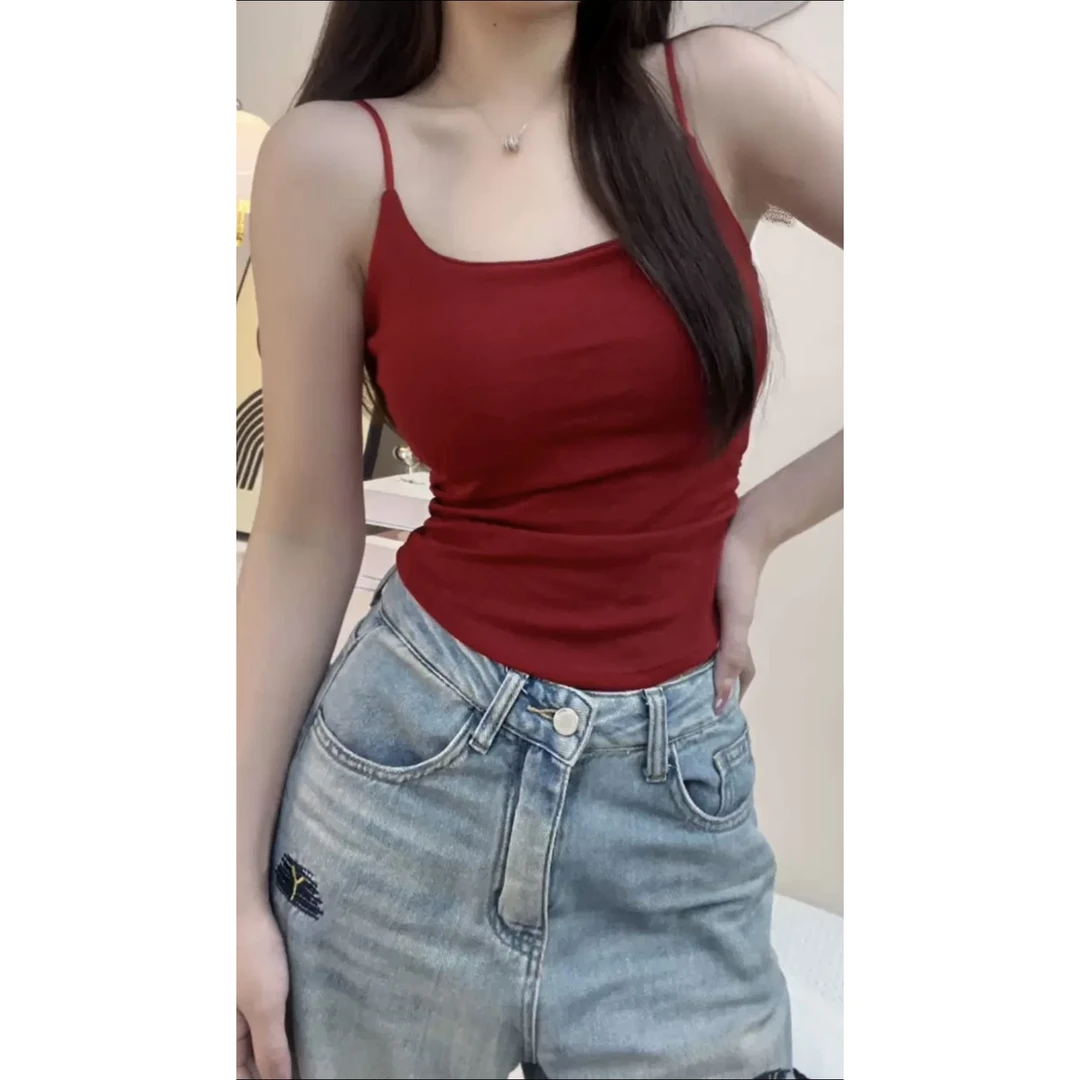 甜辣妹两侧褶皱设计显瘦遮肉吊带背心女夏季新款纯欲修身收腰上衣