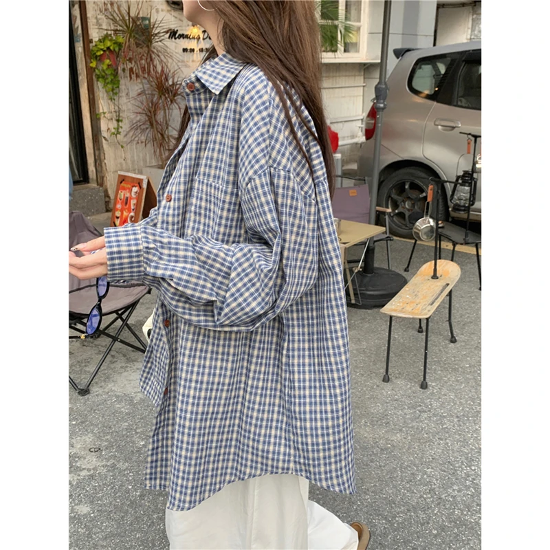 复古长袖基础百搭叠穿格子衬衫女慵懒风休闲格纹宽松休闲衬衣外套