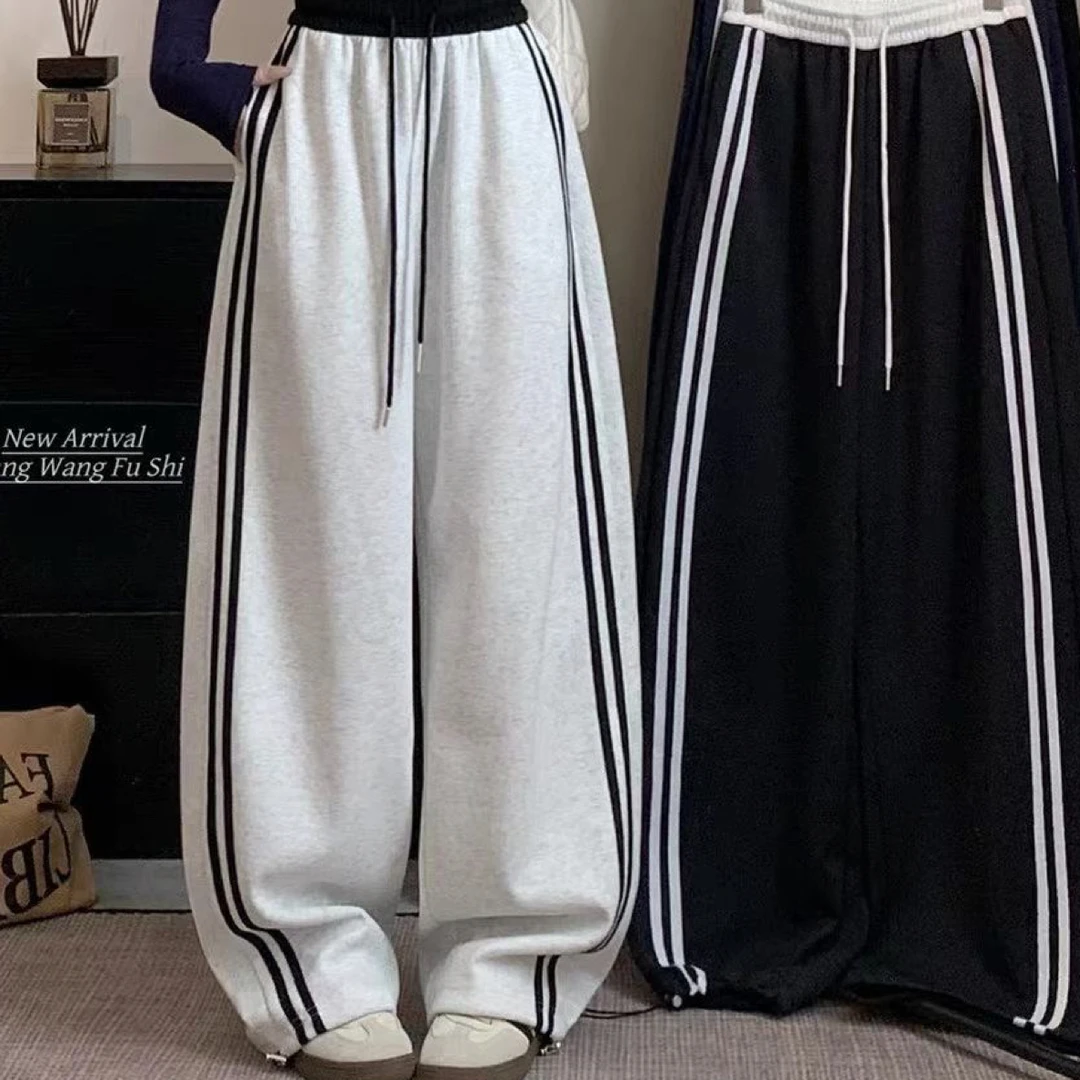 秋季厚款高腰纯色条纹阔腿休闲裤设计感十足
