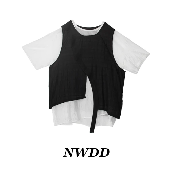 【NWDD】夏款宽松遮肉轻薄t恤拼接绣花显瘦背心两件套83180