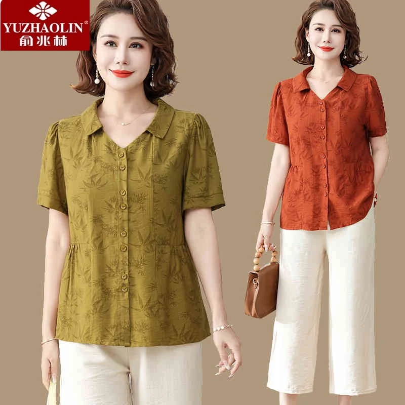 俞兆林中年妈妈夏装棉麻套装时尚短袖衬衫上衣中老年女装夏季小衫