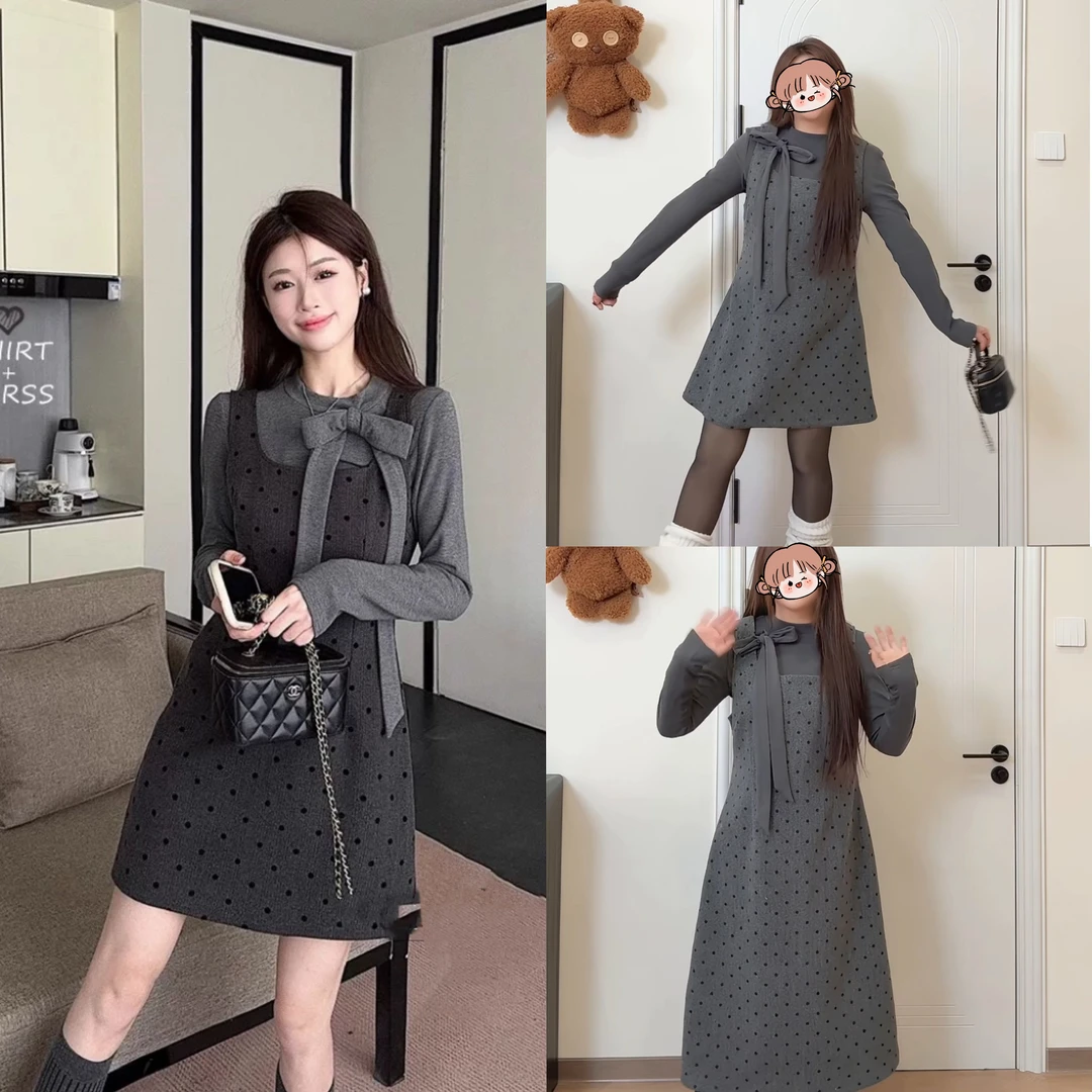 【无运险】秋冬新款大码女装韩版收腰显瘦波点裙长袖打底上衣套装