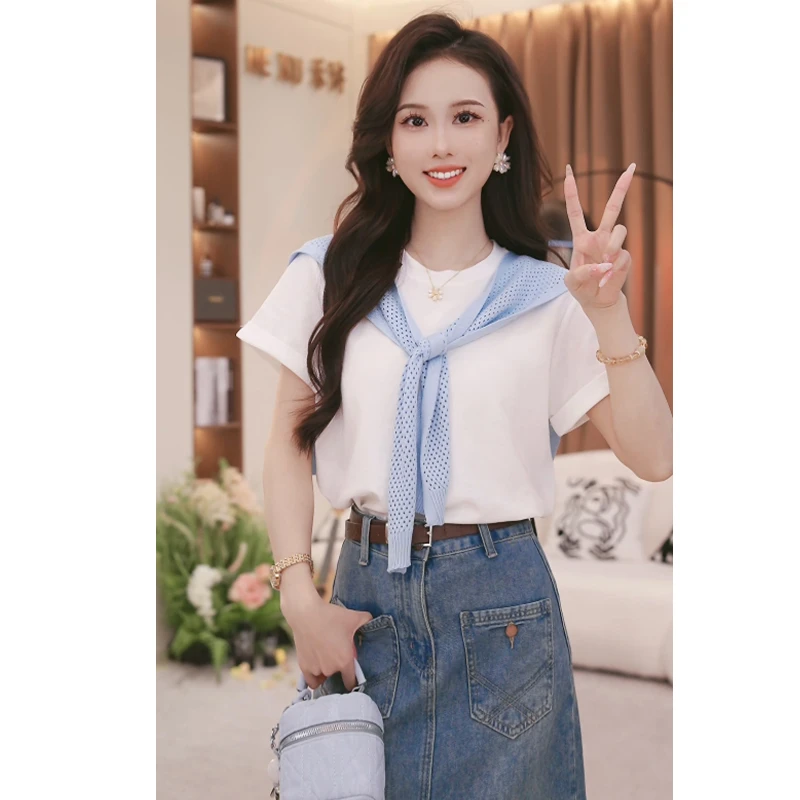 法式简约带披肩短袖百搭显瘦t恤女2025夏新款设计感小众上衣