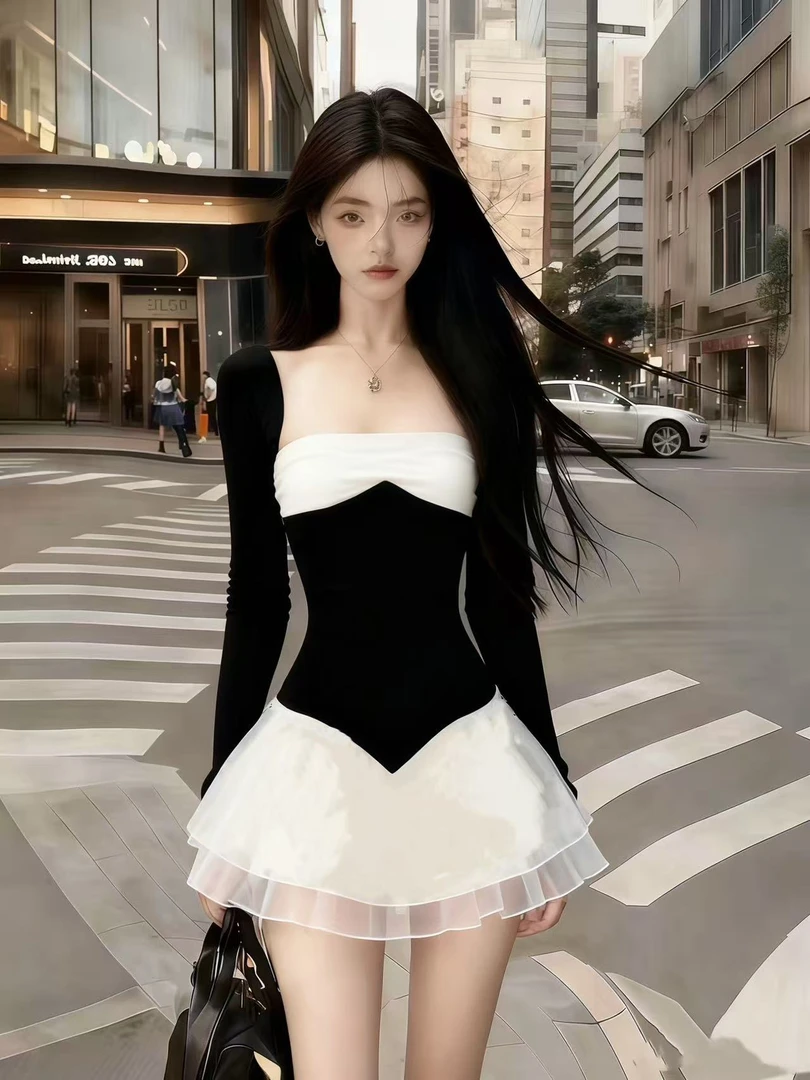 时尚氛围感甜美少女风撞色方领长袖修身收腰百搭显瘦A字裙连衣裙