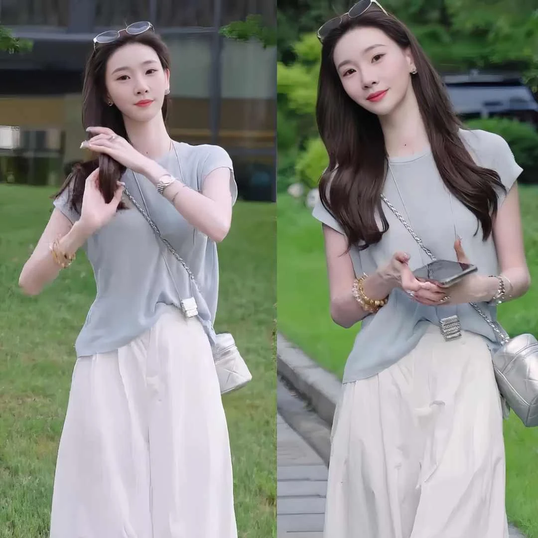 休闲风减龄小众设计感短袖洋气法式通勤时尚套装阔腿裤裤子两件套