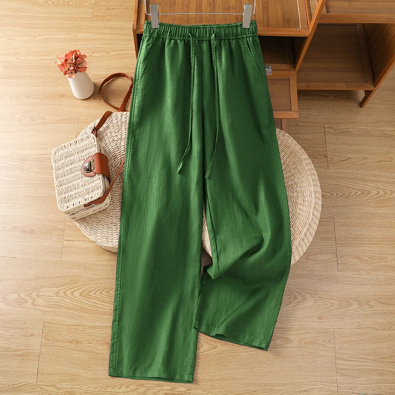 绿色亚麻阔腿裤女夏薄款2025超火的裤子抗皱天丝棉麻裤九分直筒裤