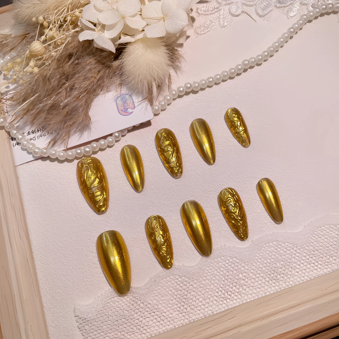 A1854『金来财』甜酷女孩麻将来财战甲金色魔镜粉纯手工穿戴甲