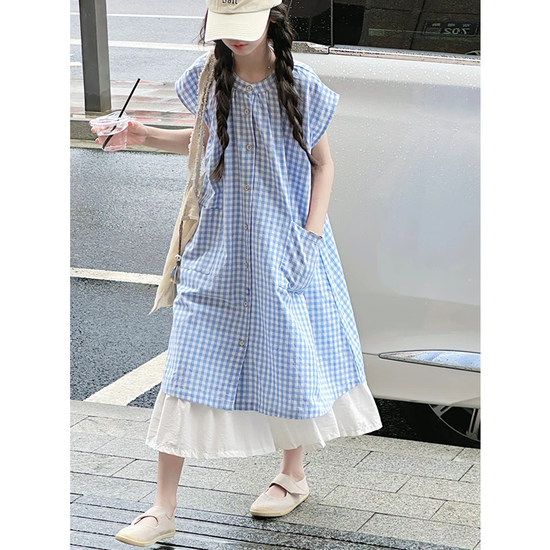 K29293日系复古女童衬衫连衣裙2025夏装新款休闲儿童短袖裙子时髦