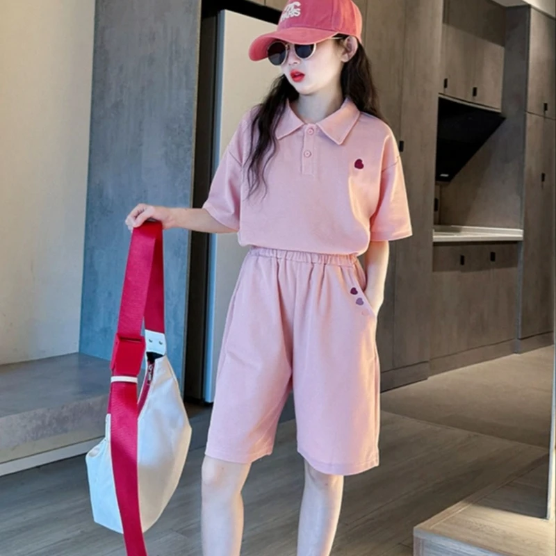 女童夏装套装2025新款儿童学院风短袖t中大童夏季运动短裤两件套
