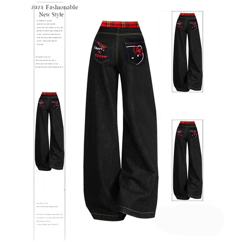 美式甜辣妹kitty刺绣牛仔裤女2025春夏新款设计感显瘦直筒阔腿裤