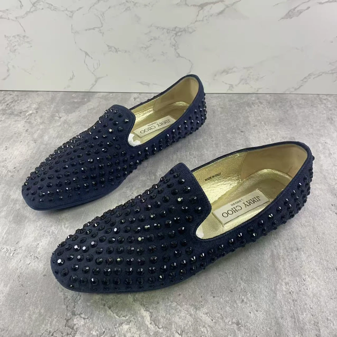 95新 JIMMY CHOO/吉米周 37码/仔仔女鞋/深蓝色铆钉乐福鞋 1403