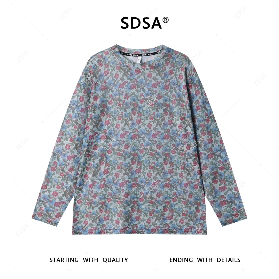 SDSA秋季新款男士痞帅简约撞色植物花卉图案满印圆领长袖T恤休闲