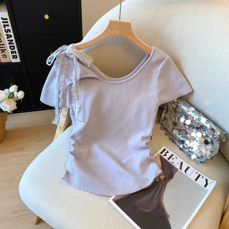 韩系多巴胺露肩蕾丝蝴蝶短袖上衣女夏季针织收腰褶皱别致漂亮T恤