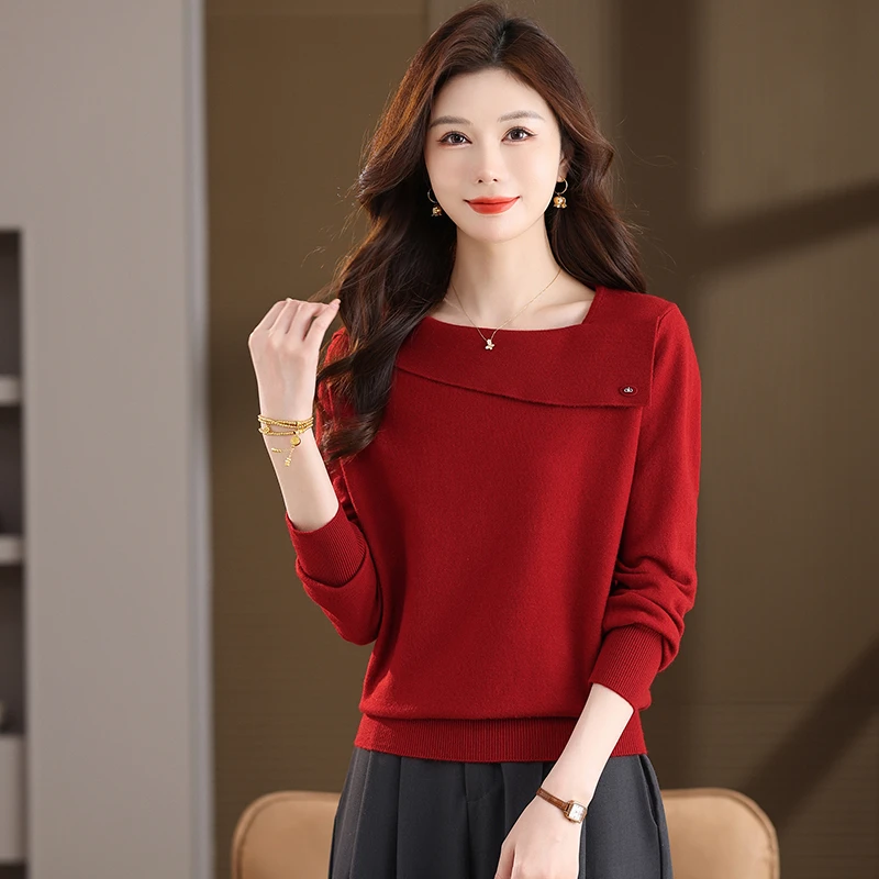 正品女装别致洋气一字领针织衫上衣女秋冬新款大码长袖毛衣打底衫