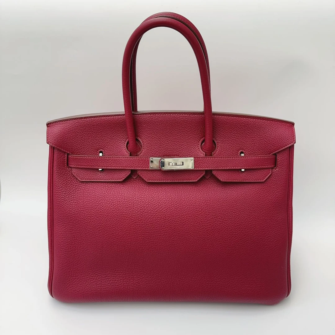 99新 Hermes/爱马仕 birkin35手提包石榴红 银扣 框N刻