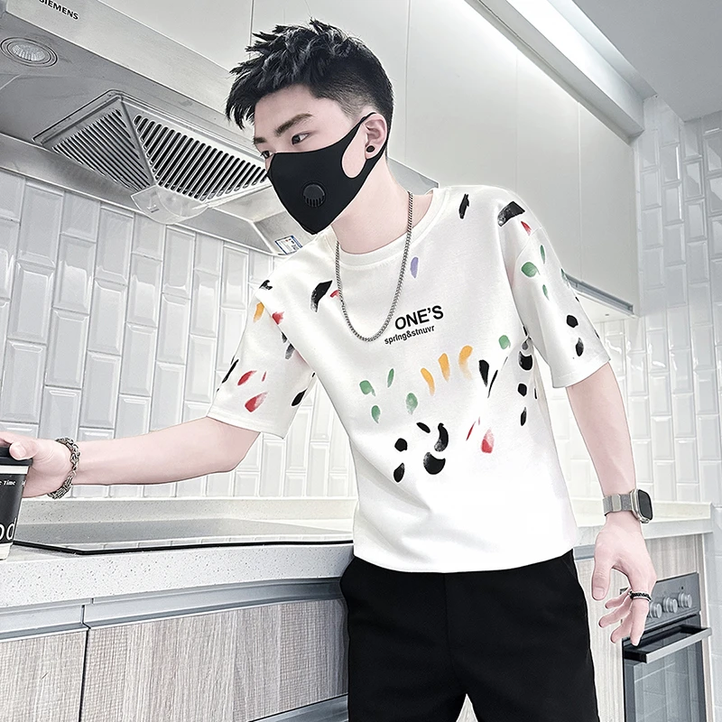 男士短袖t恤夏季2025新款高级感潮牌痞帅气涂鸦印花半袖体恤男装