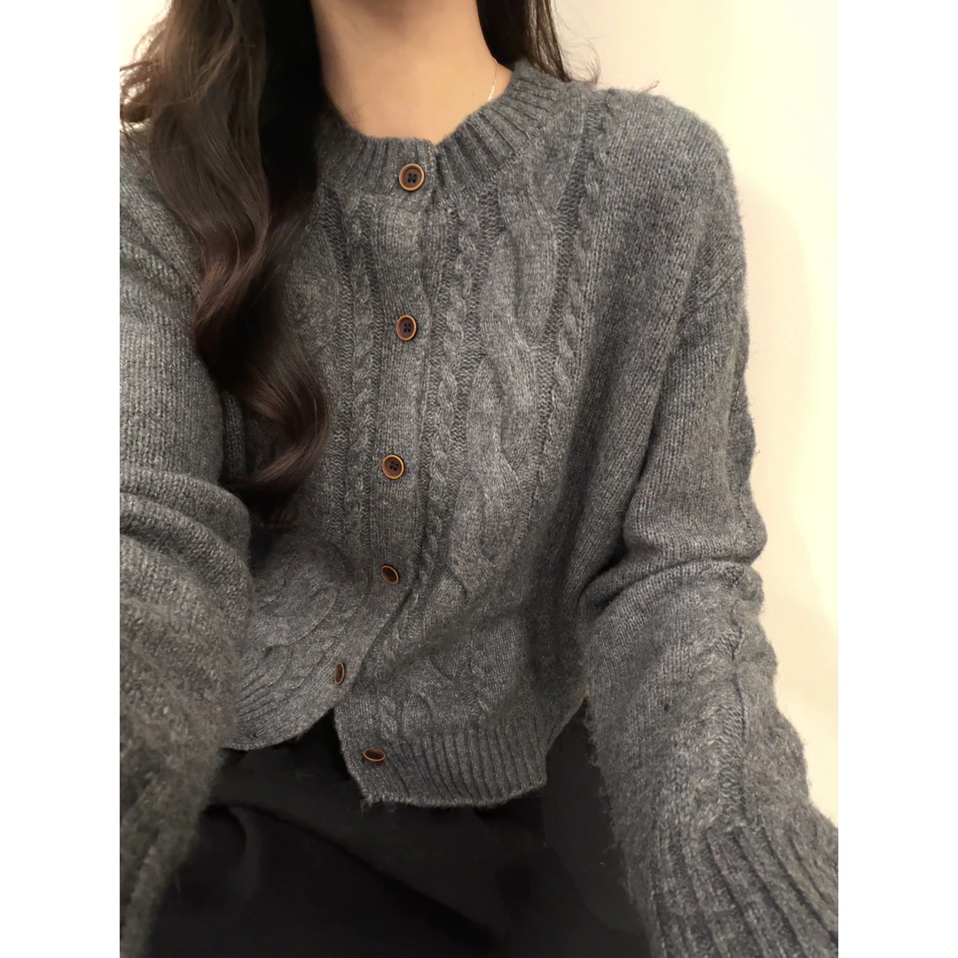 /深麻灰麻花开衫/麻花纹毛衣开衫女新款外套 胸围55 衣长55 95367