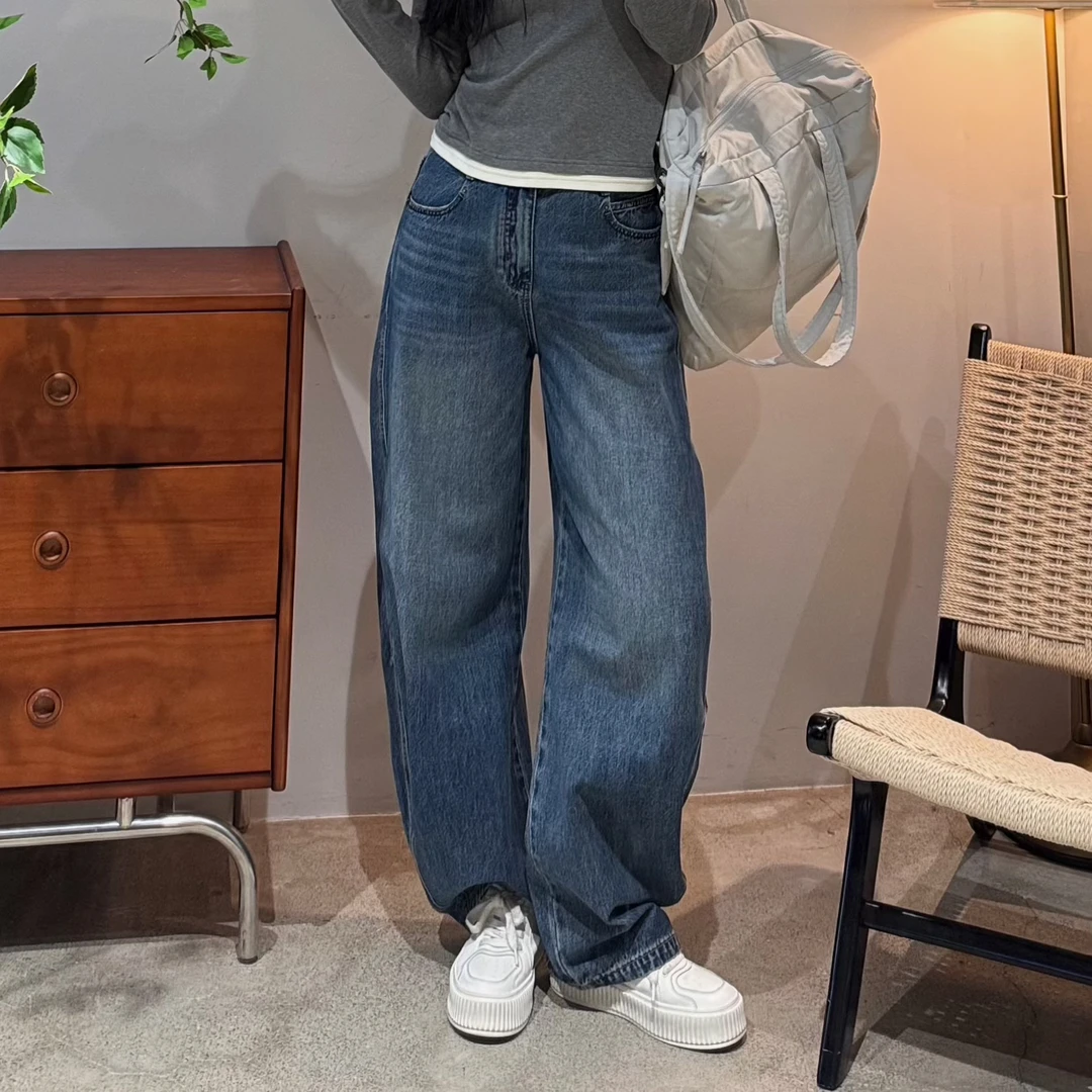 今婷韩系日常基础百搭洋气潮流复古水洗做旧弯刀牛仔裤-M25106319