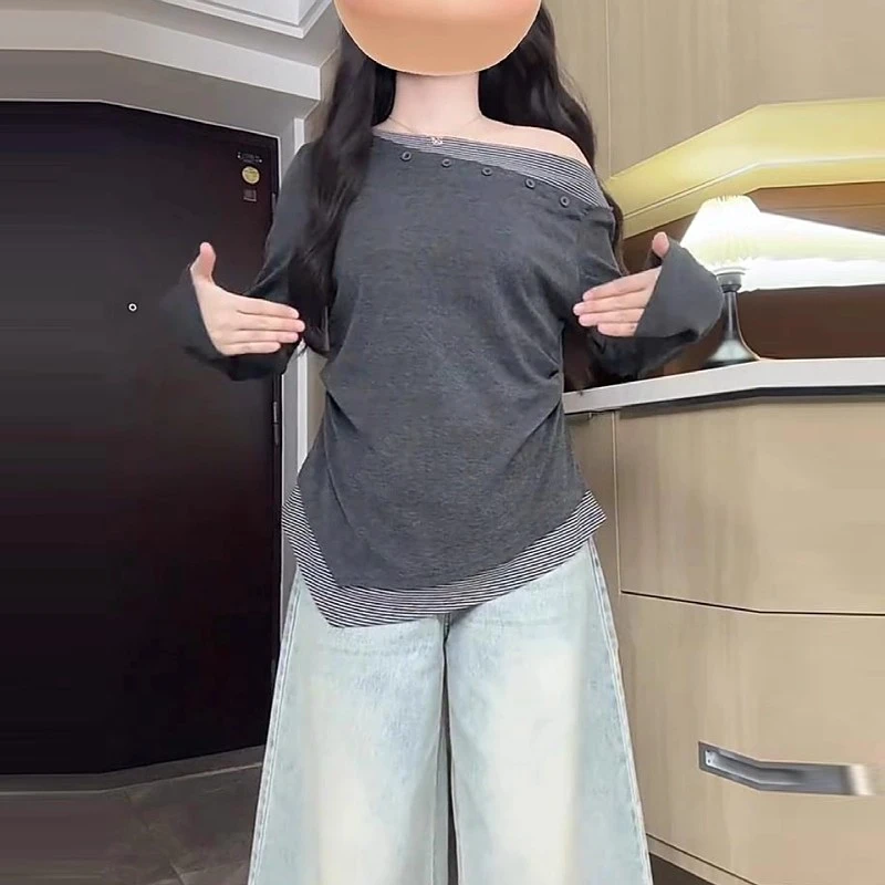 宽松显瘦正肩上衣秋季新款胖MM大码女装不规则斜肩拼接长袖T恤女