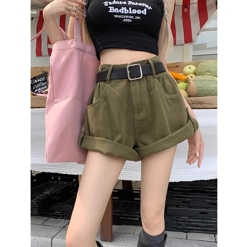 欧美军绿大码水洗牛仔短裤女夏季薄款高腰宽松显瘦卷边工装热裤