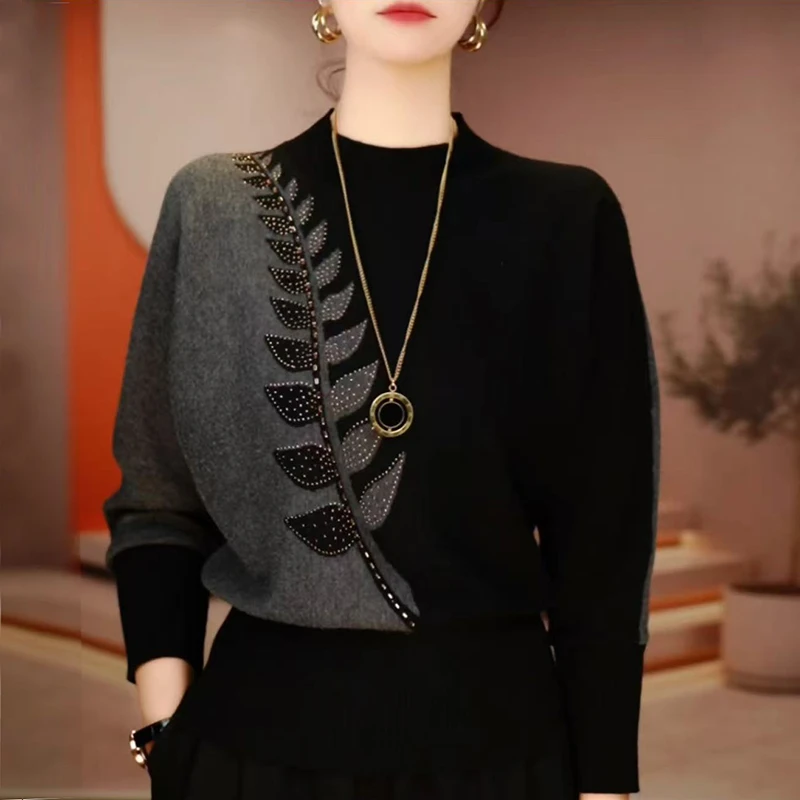 精致复古风拼色烫钻长袖针织衫2025早秋新款百搭宽松显瘦洋气上衣