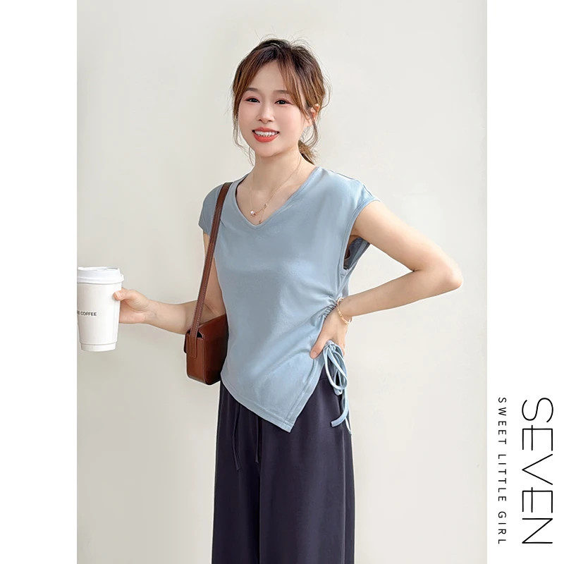 229现货|⑧七七146小个子不规则小众设计抽绳V领短袖女夏季小美说