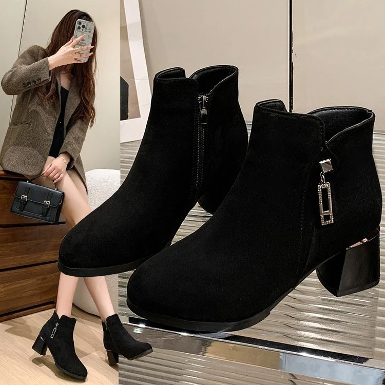 新款秋冬高跟靴短靴百搭英伦风粗跟加棉增高防滑时尚靴子保暖