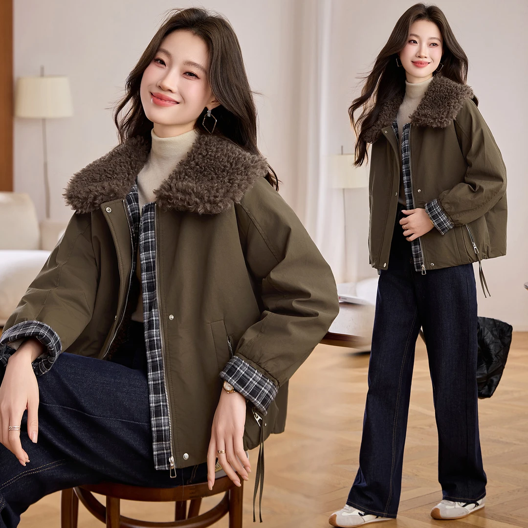 时尚保暖翻领女长袖短款棉服棉衣外套2025秋冬新款女加厚百搭休闲