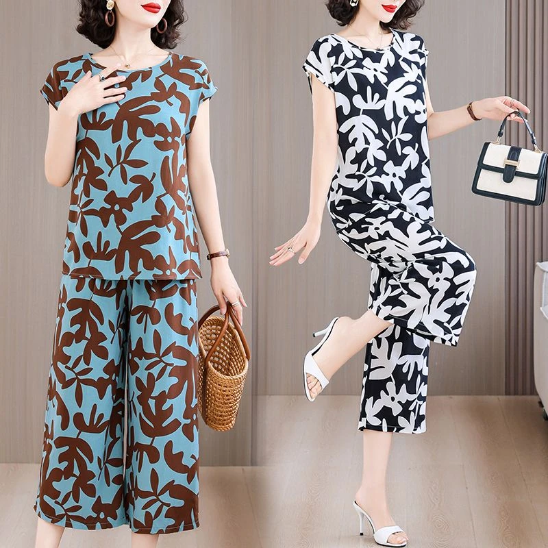 棉绸阔腿裤两件套女夏季新款时尚洋气短袖宽松显瘦七分裤休闲套装