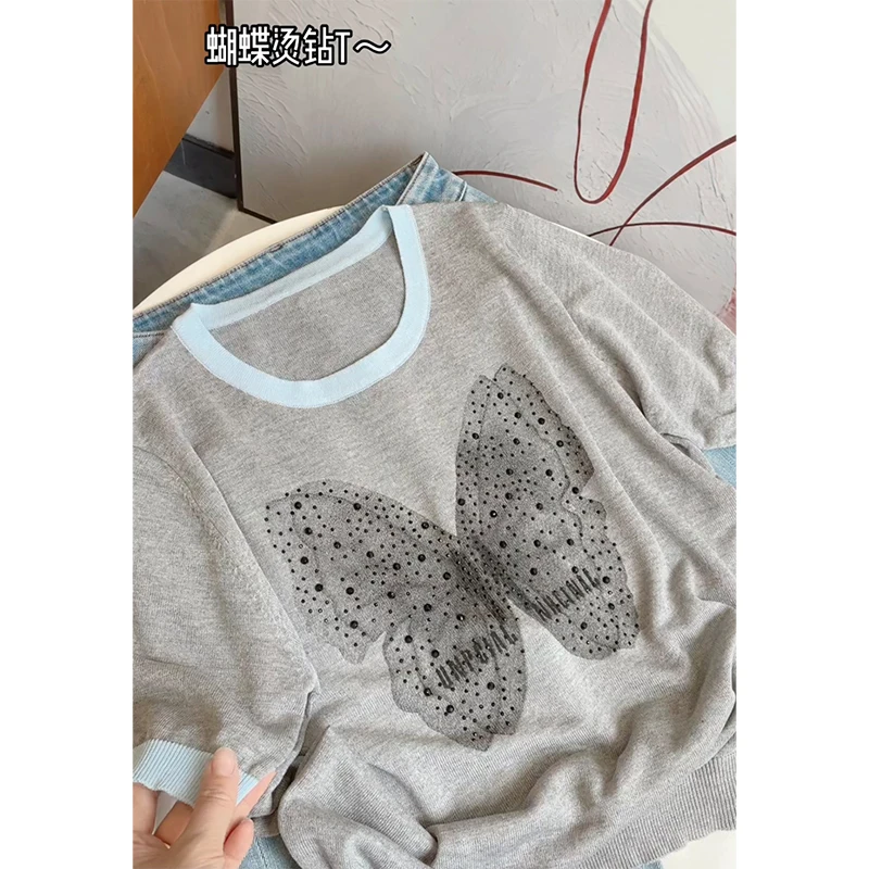 丹姐家~设计感蝴蝶烫钻针织短袖T恤