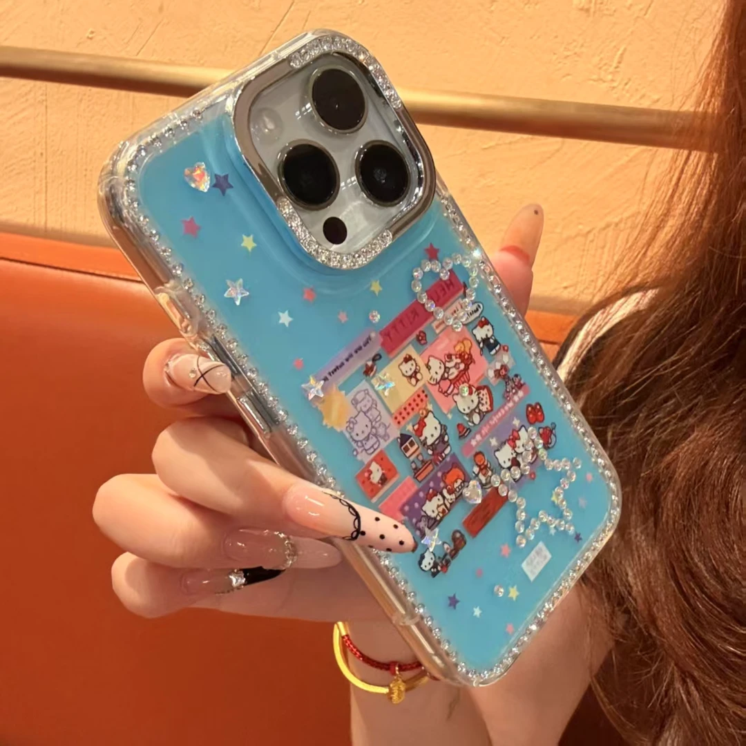 天空蓝卡通kitty合集适用苹果15p手机壳闪钻边框16/14防摔保护壳