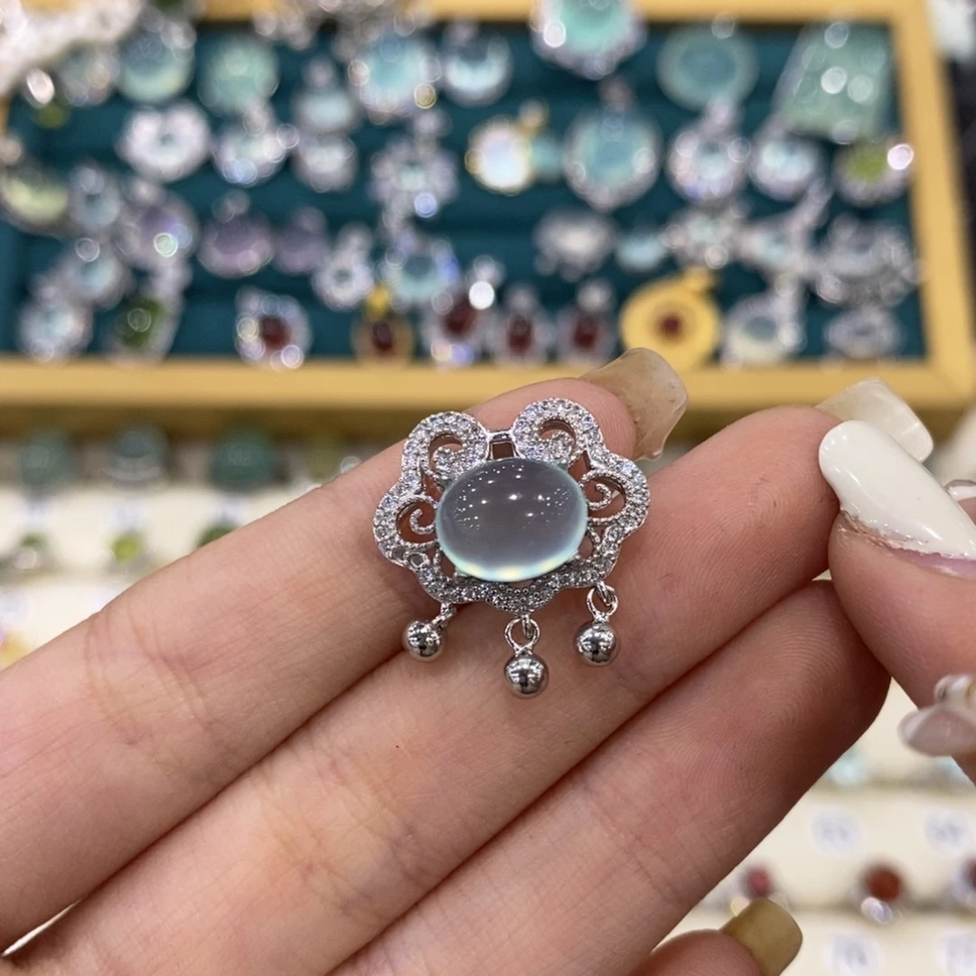 蛇纹石玉珠宝半成品银S925镶嵌喵*