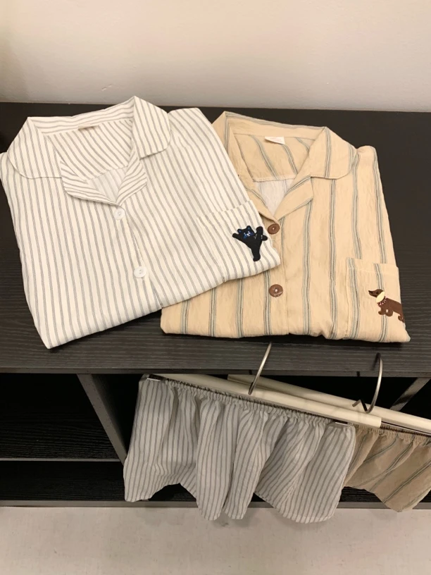 韩版ins条纹重工刺绣夏季短袖情侣透气休闲家居服套装可外穿