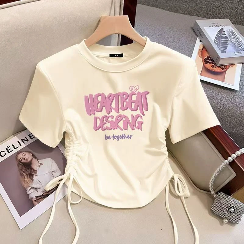 女童短袖t恤2025新款夏季短款中大童小女孩抽绳百搭洋气上衣半袖